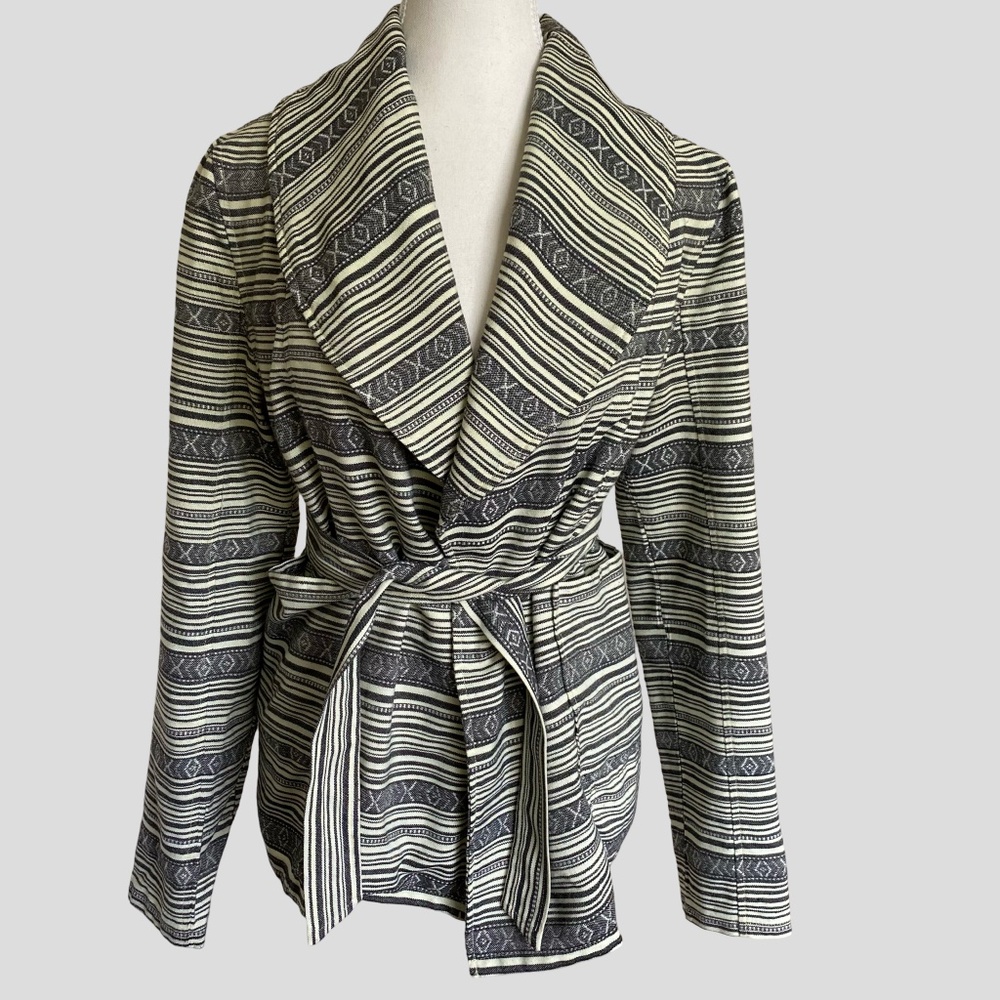 Mia Melon Grey Black Striped Design Casual Office Boho Belted Light Jacket-Sz-M